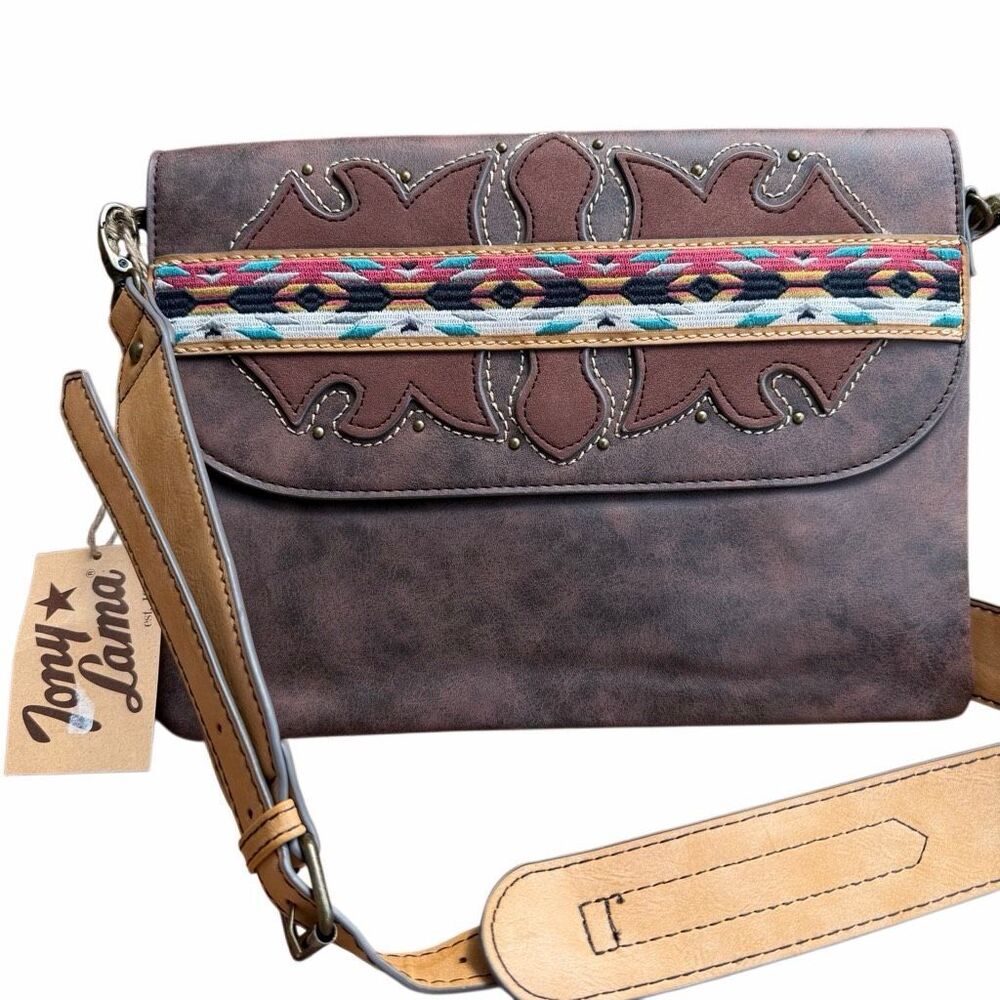 Tony Lama Western Aztec Embroidered Crossbody Saddle Bag Brown NEW